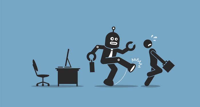 automation in the workplace a robot kicks an employer out to take up their job